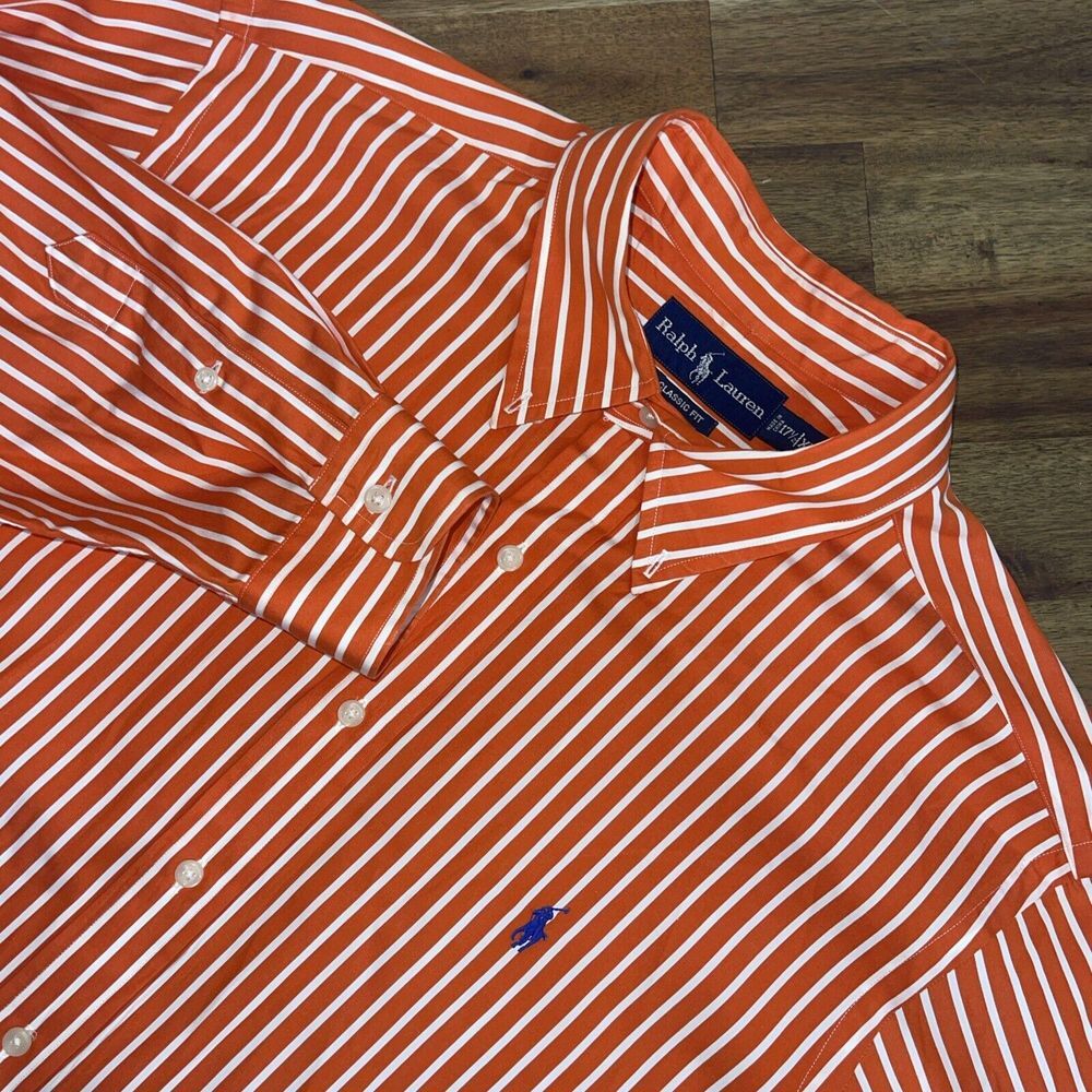 Ralph Lauren Shirt Mens 17.5/XL Orange White Striped Button Down Classic Pony
